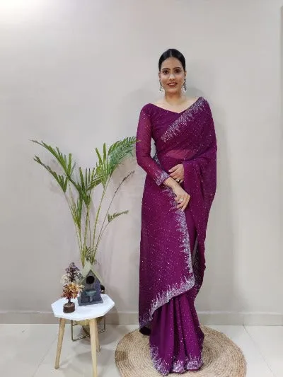 1 Min Wine Georgette Swarovski Work Stitched Readymade Saree