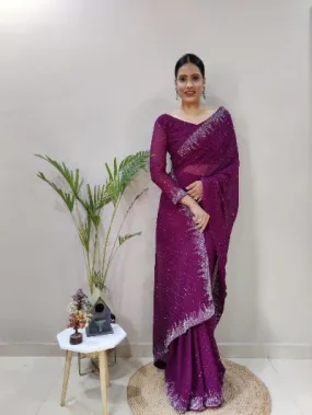 1 Min Wine Georgette Swarovski Work Stitched Readymade Saree