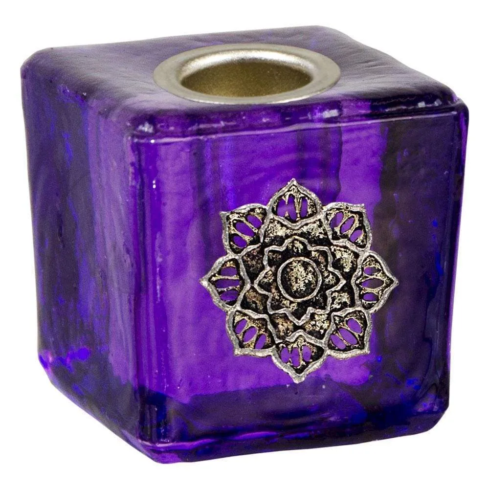 1.25" Mini Glass Candle Holder Cube - Purple Lotus