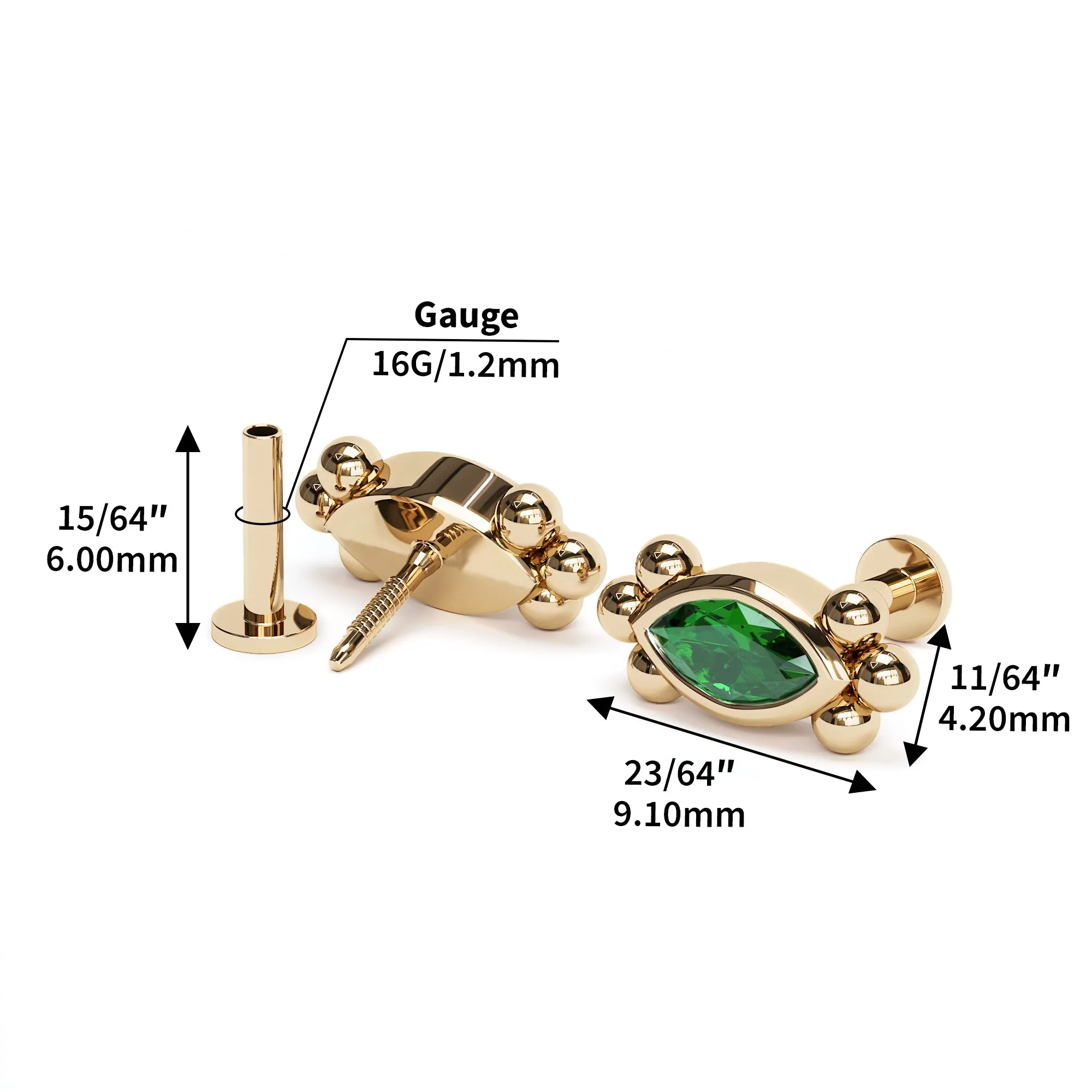 14K Gold Marquise Emerald Beaded Stud