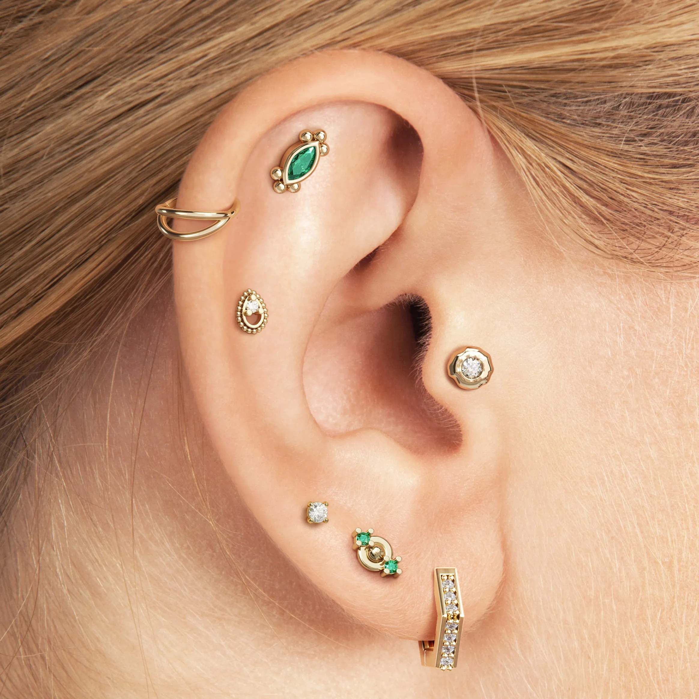 14K Gold Marquise Emerald Beaded Stud