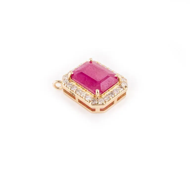 18k Octagon Cut Precious Ruby Halo Diamond Pendant