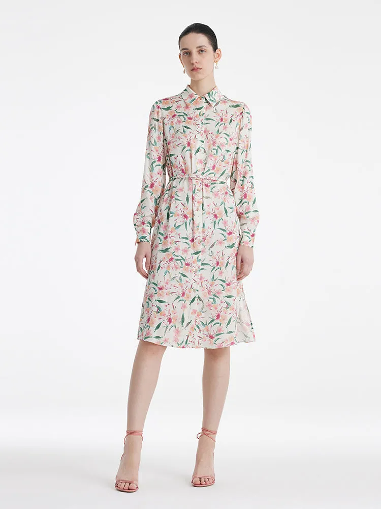 19 Momme Mulberry Silk Floral Printed Women Midi Shirt Dress With Belt