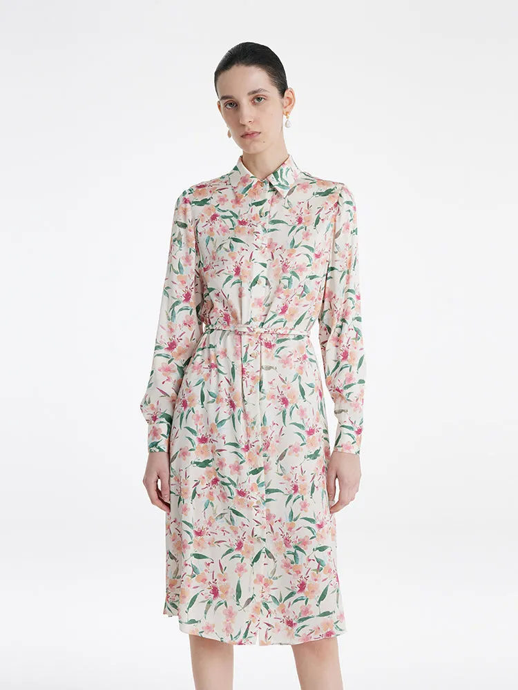 19 Momme Mulberry Silk Floral Printed Women Midi Shirt Dress With Belt