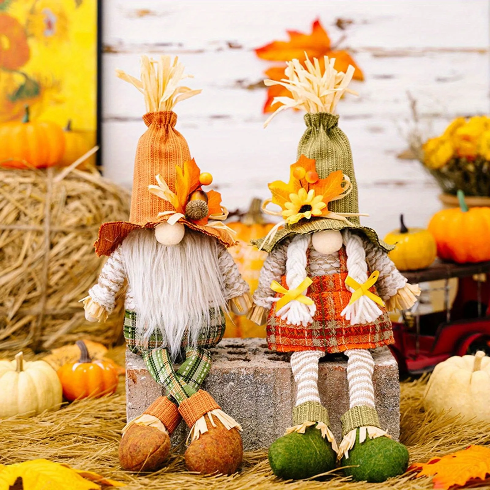 2PCS Handmade Thanksgiving Gnome Decorations, Fall Harvest Plush Swedish Gnomes with Maple Leaves Autumn Holiday Home Decor