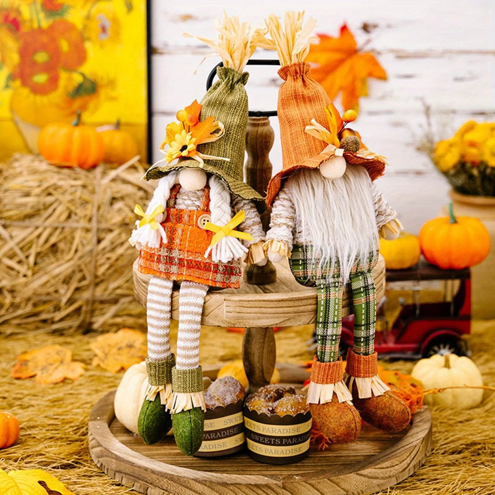 2PCS Handmade Thanksgiving Gnome Decorations, Fall Harvest Plush Swedish Gnomes with Maple Leaves Autumn Holiday Home Decor