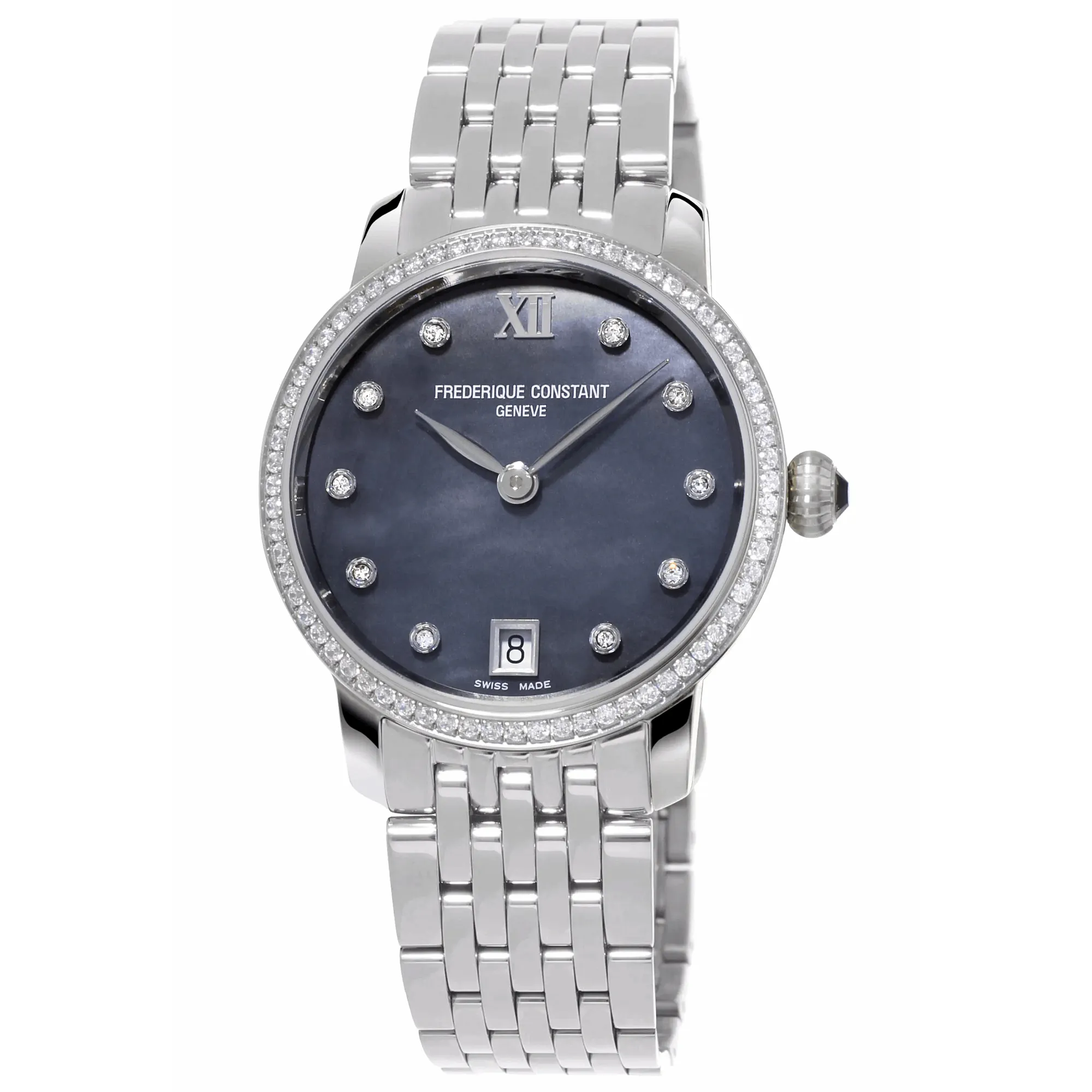 30mm Slimline Ladies Quartz Watch with Black Mother of Pearl Dial & Diamonds