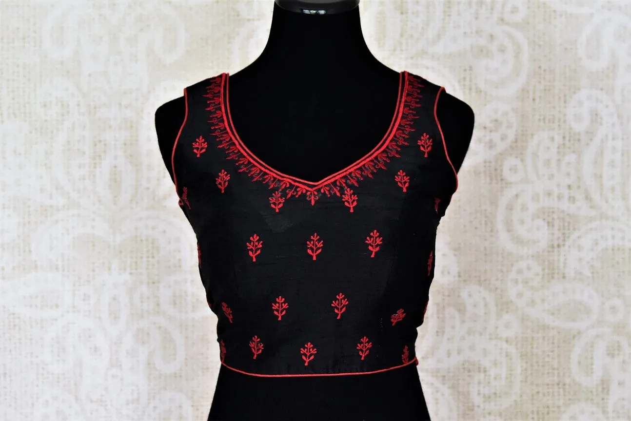 404386 Black Sleeveless Silk Saree Blouse with Red Embroidery