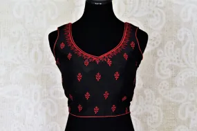 404386 Black Sleeveless Silk Saree Blouse with Red Embroidery