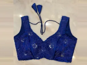 50V488-RO Cobalt Blue Hand Embroidered Sleeveless Saree Blouse