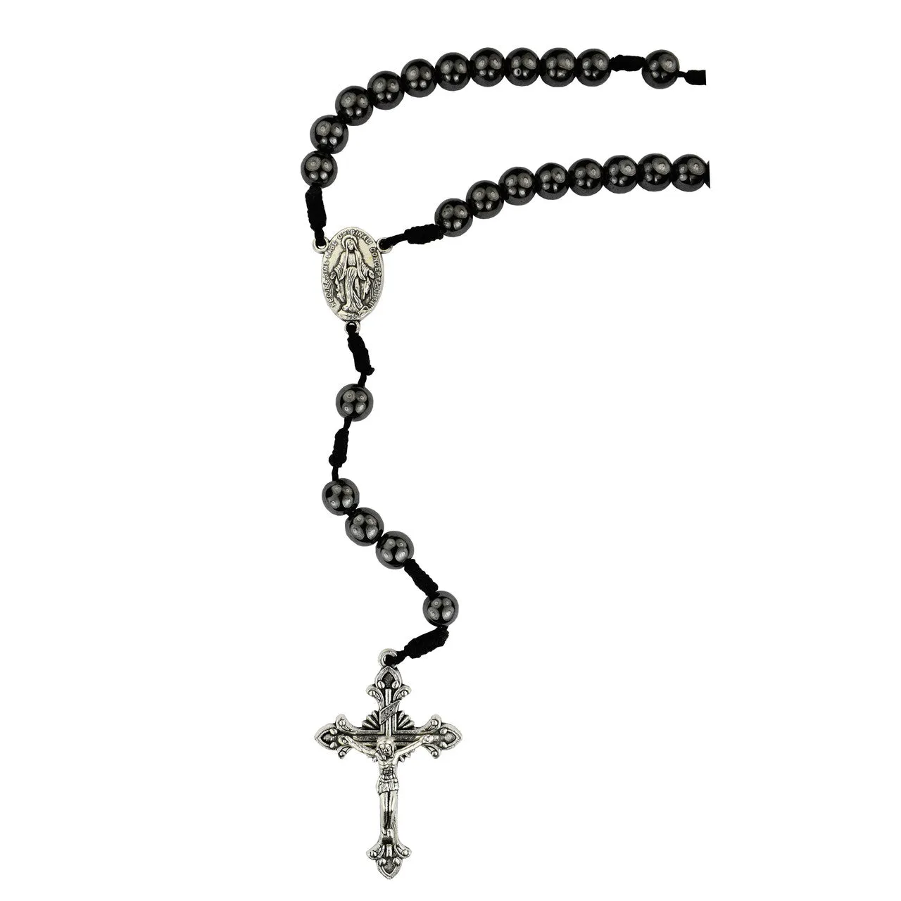 8mm Corded Miraculous Medal Hematite Rosary