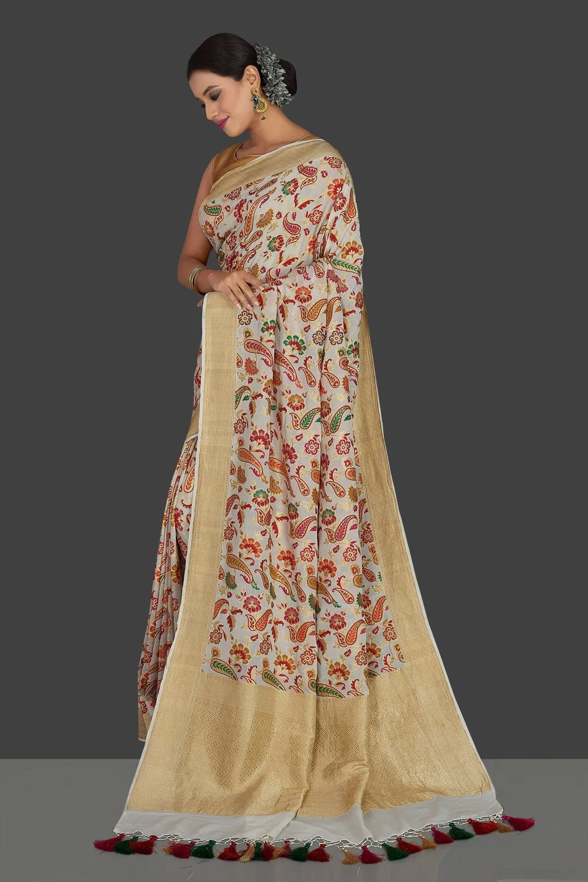 90J936-RO Off White Georgette Banarasi Sari with Zari Minakari Floral Work