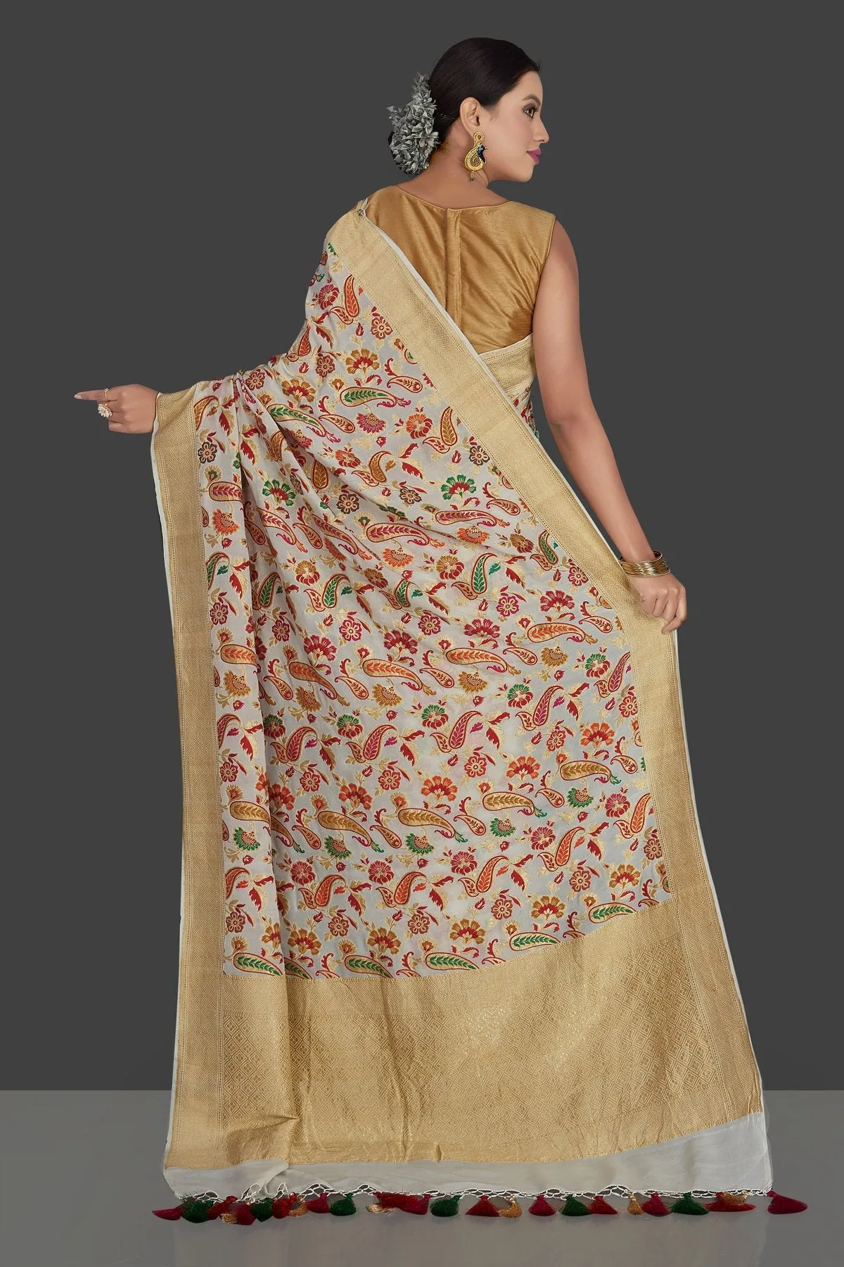 90J936-RO Off White Georgette Banarasi Sari with Zari Minakari Floral Work