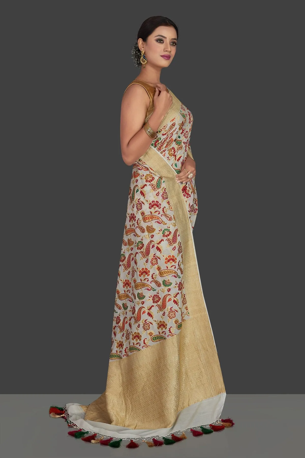 90J936-RO Off White Georgette Banarasi Sari with Zari Minakari Floral Work