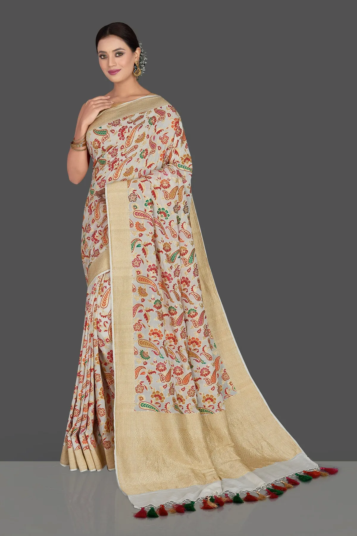 90J936-RO Off White Georgette Banarasi Sari with Zari Minakari Floral Work