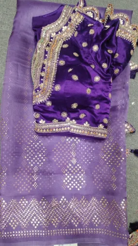 91a054A  Embroidered Organza Silk Sari with Purple Blouse