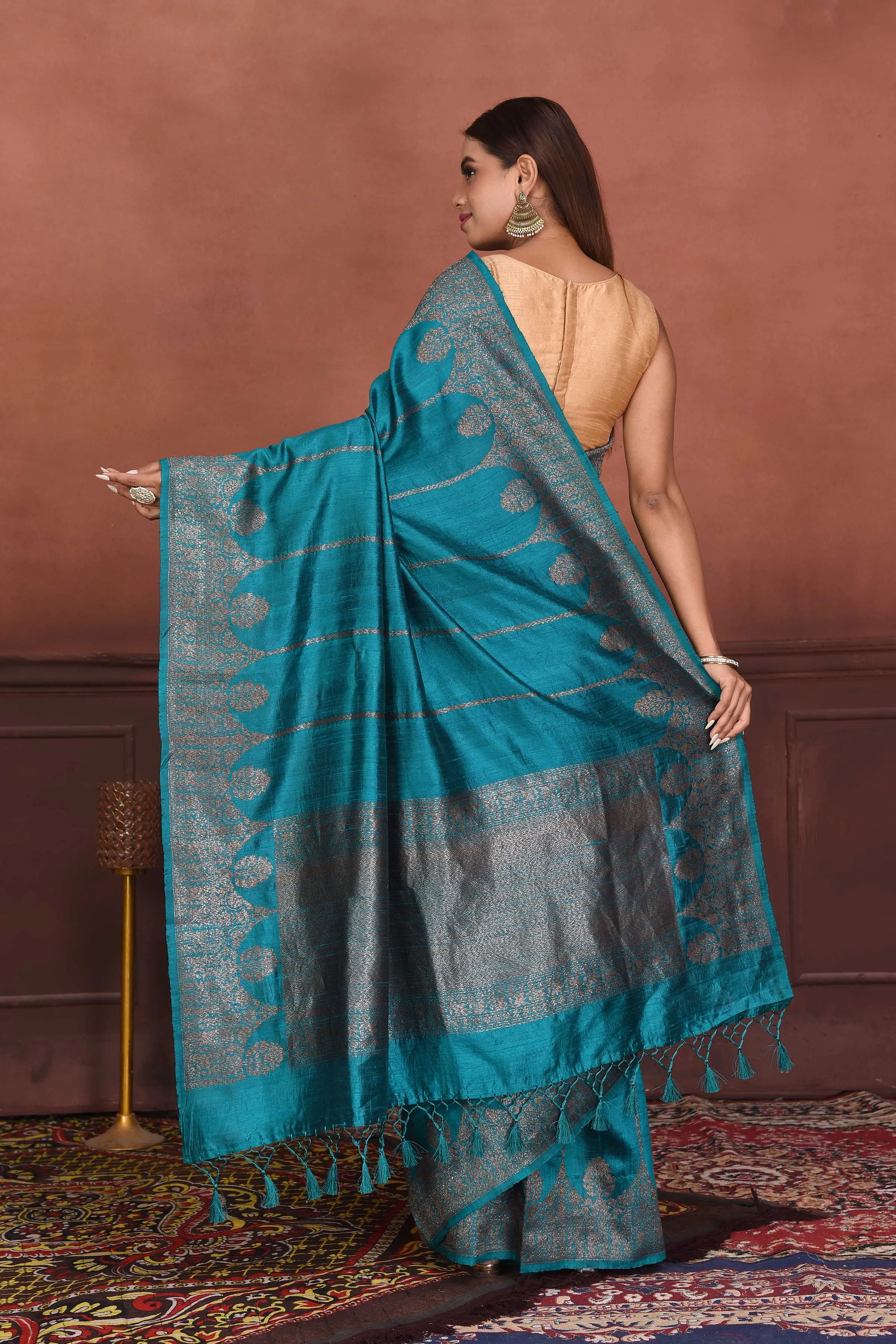 91A154-RO Teal Tussar Banarasi Saree with Antique Zari Border