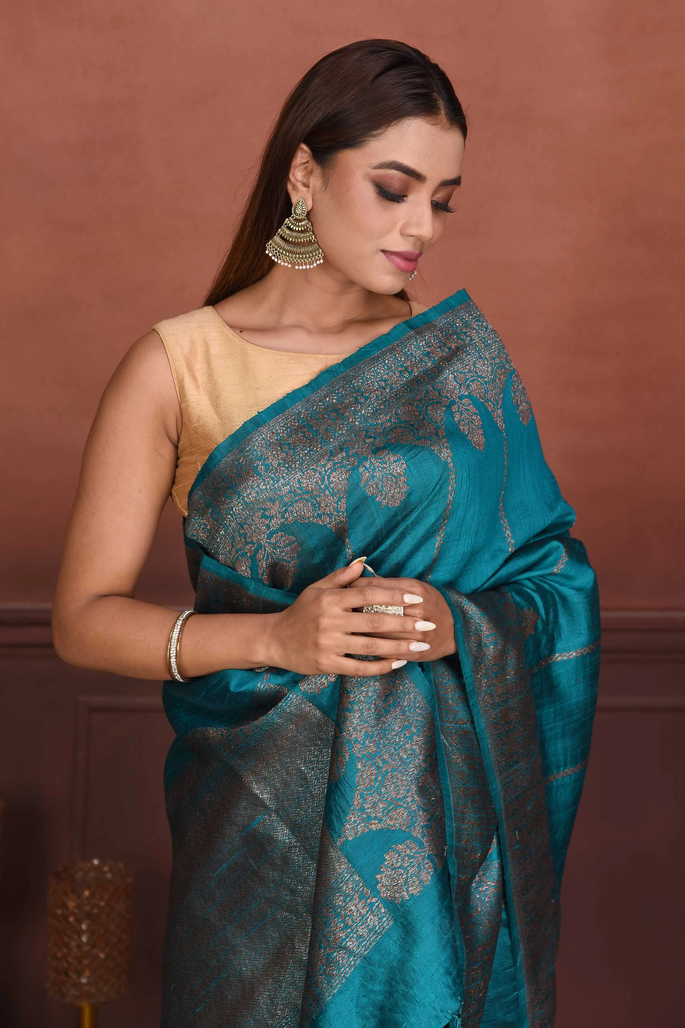 91A154-RO Teal Tussar Banarasi Saree with Antique Zari Border