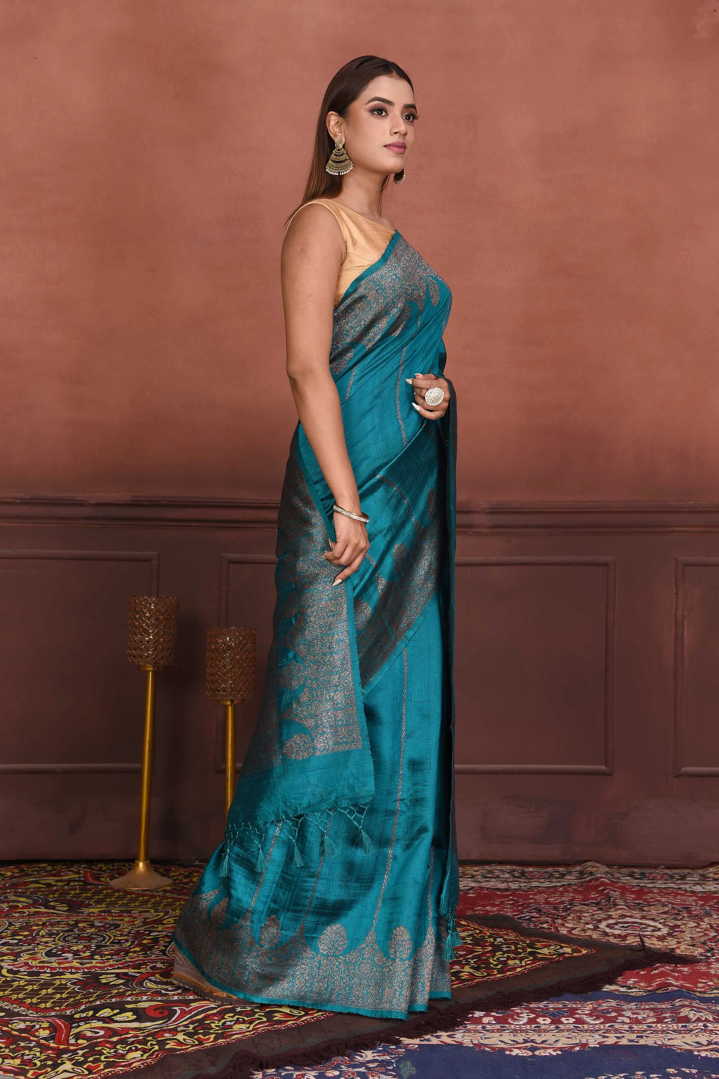 91A154-RO Teal Tussar Banarasi Saree with Antique Zari Border