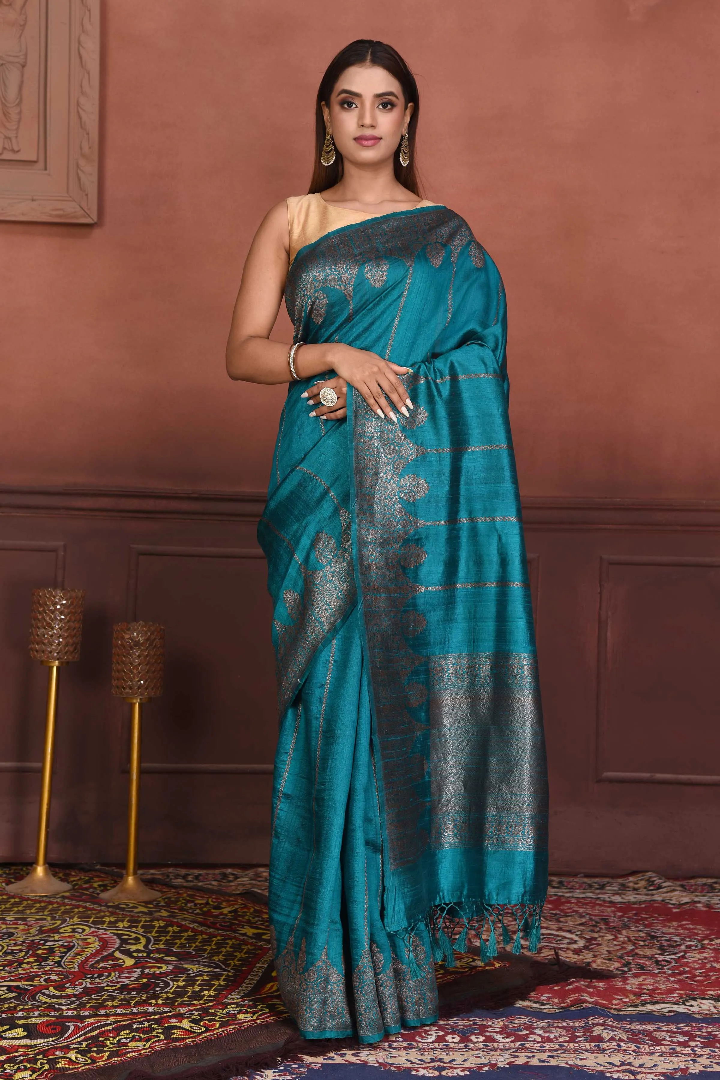 91A154-RO Teal Tussar Banarasi Saree with Antique Zari Border