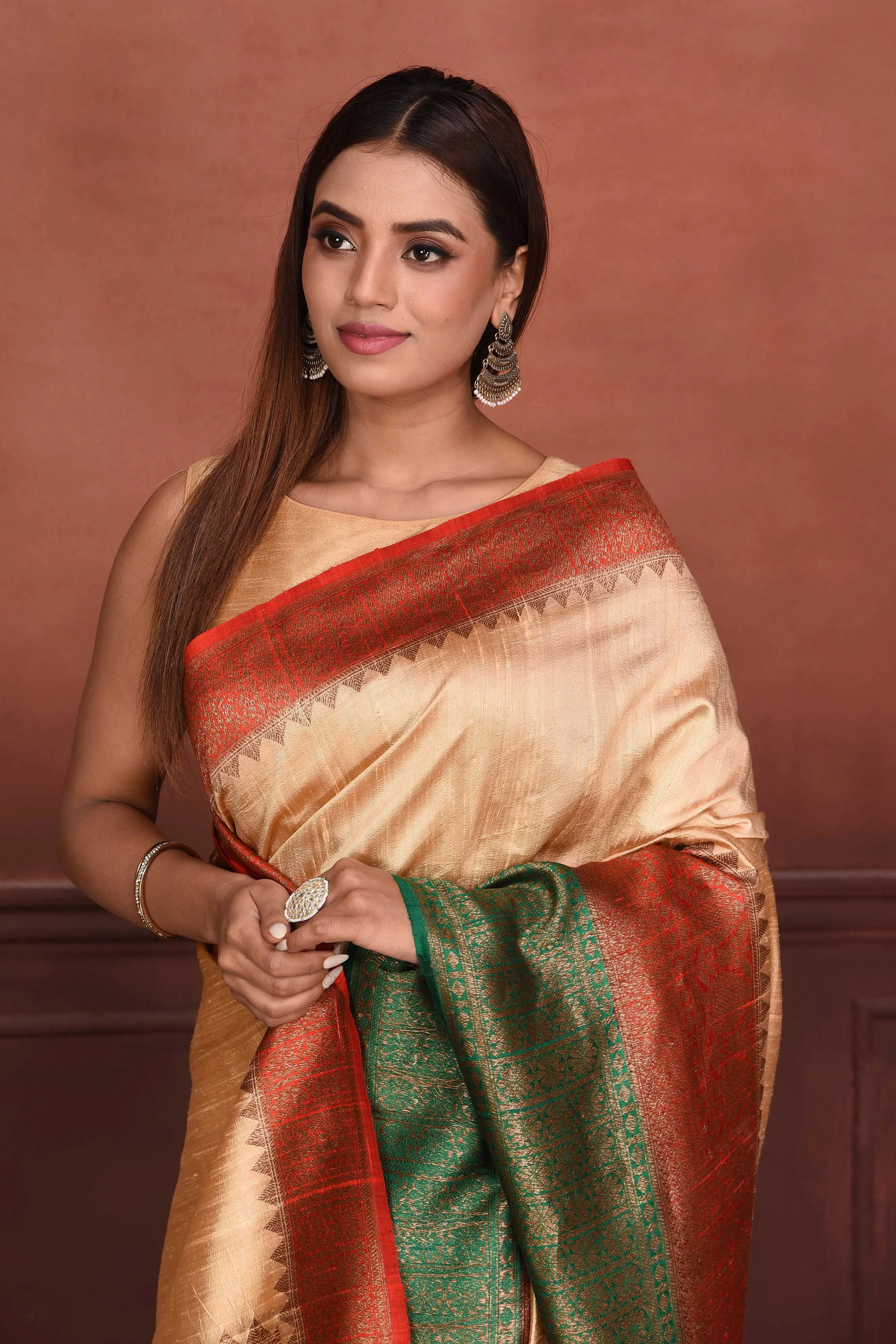 91A167-RO Cream Tussar Banarasi Saree with Red Green Zari Border