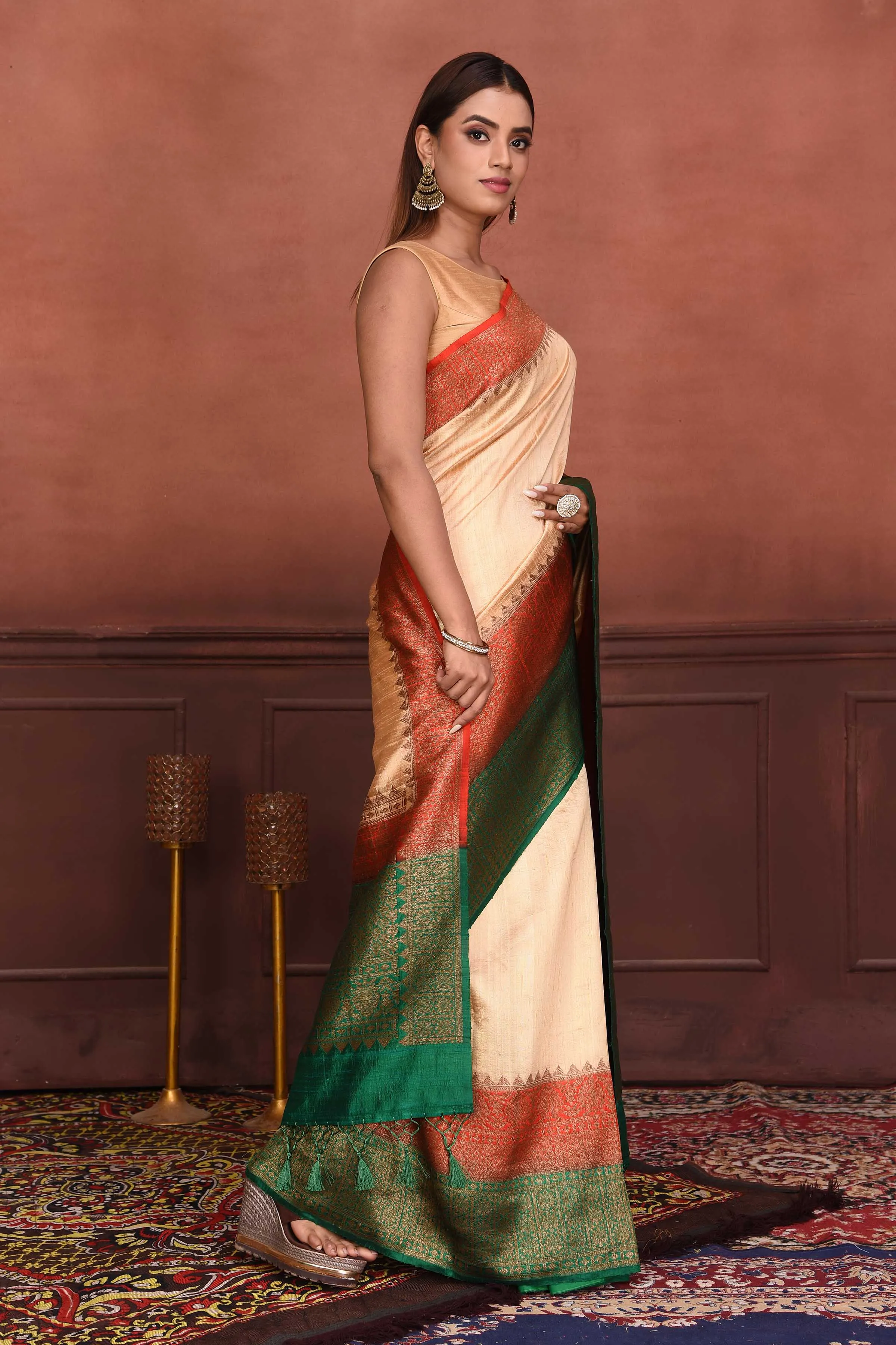 91A167-RO Cream Tussar Banarasi Saree with Red Green Zari Border