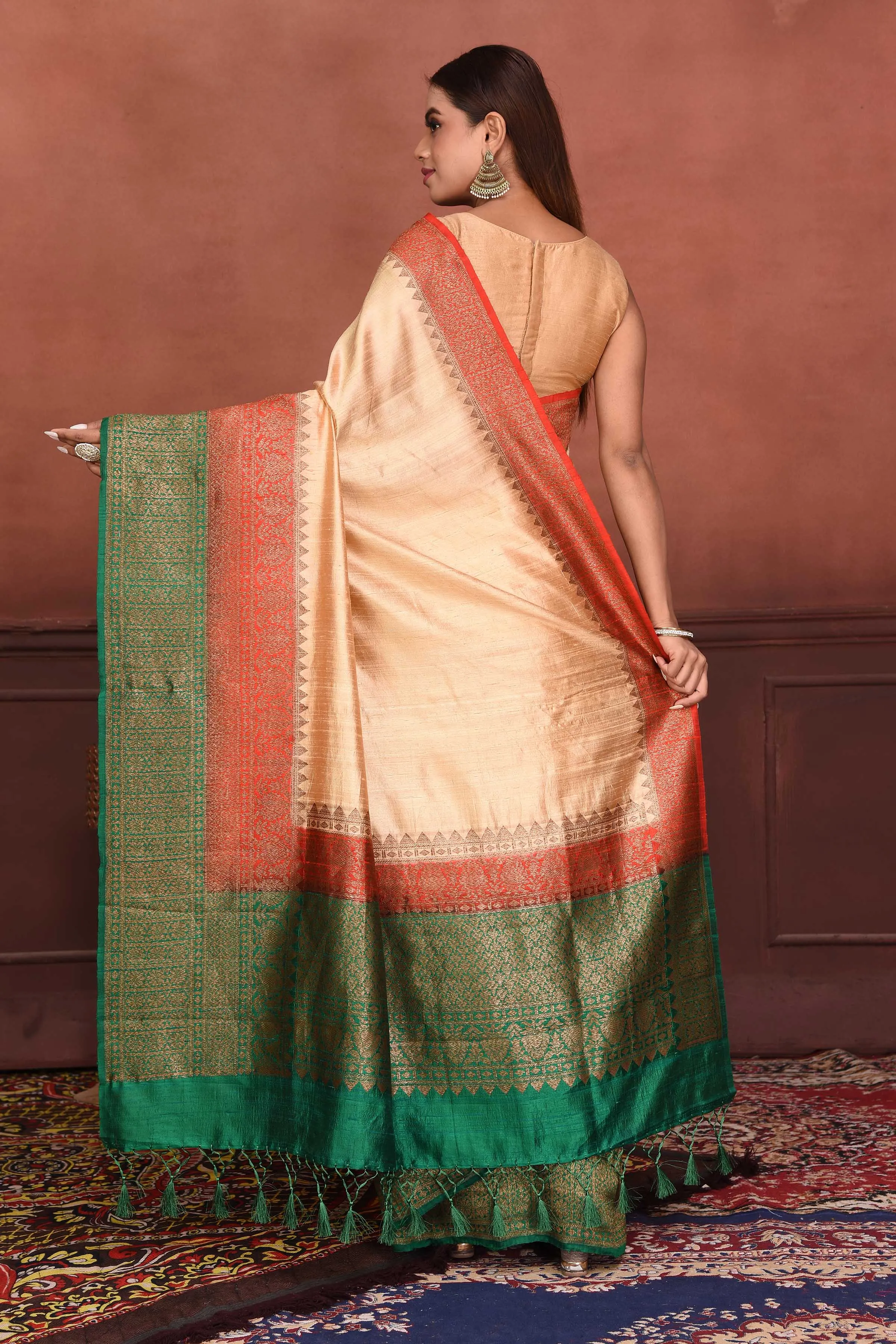 91A167-RO Cream Tussar Banarasi Saree with Red Green Zari Border