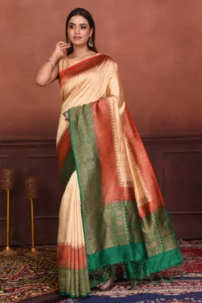 91A167-RO Cream Tussar Banarasi Saree with Red Green Zari Border