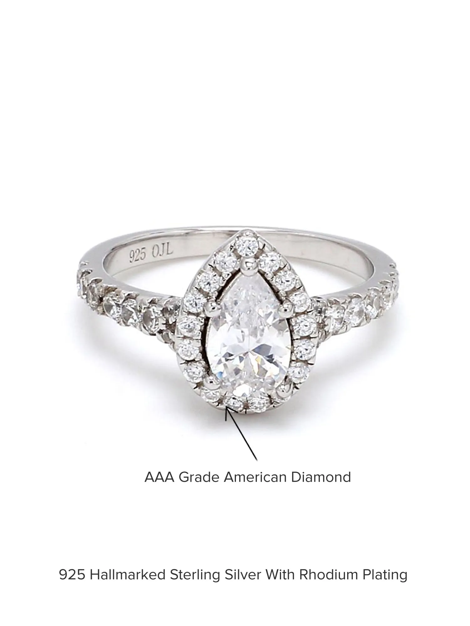 925 Silver Ring In Pear Shaped 1 Carat American Diamond