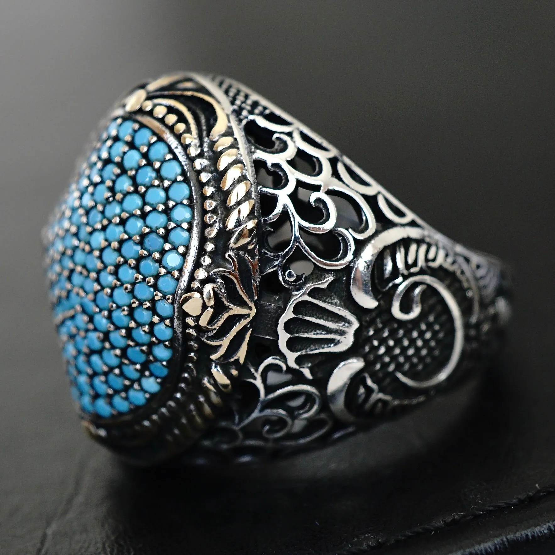 925 Sterling Silver Men's Ring micro setting Turquoise pave signet Turkish Jewelry