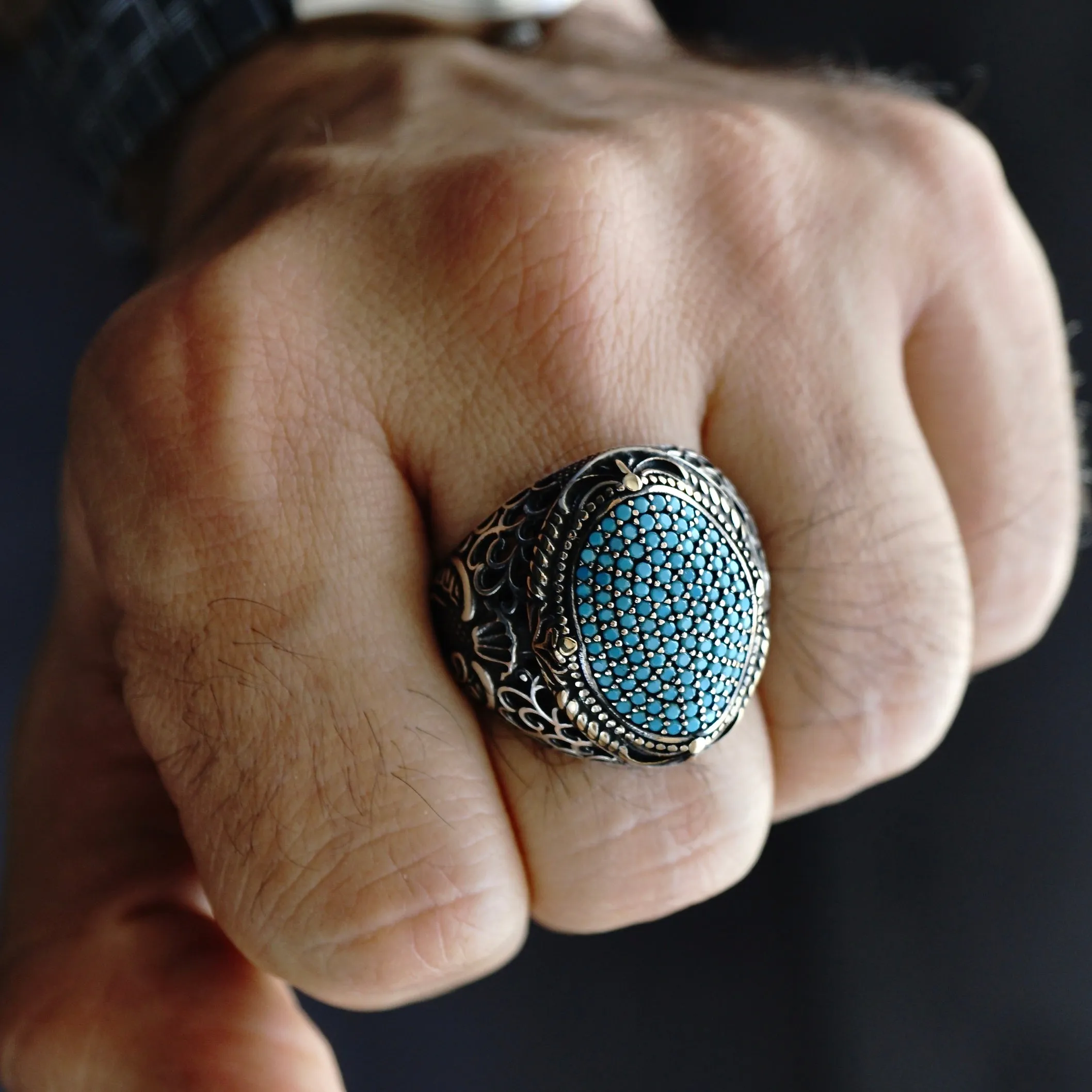 925 Sterling Silver Men's Ring micro setting Turquoise pave signet Turkish Jewelry