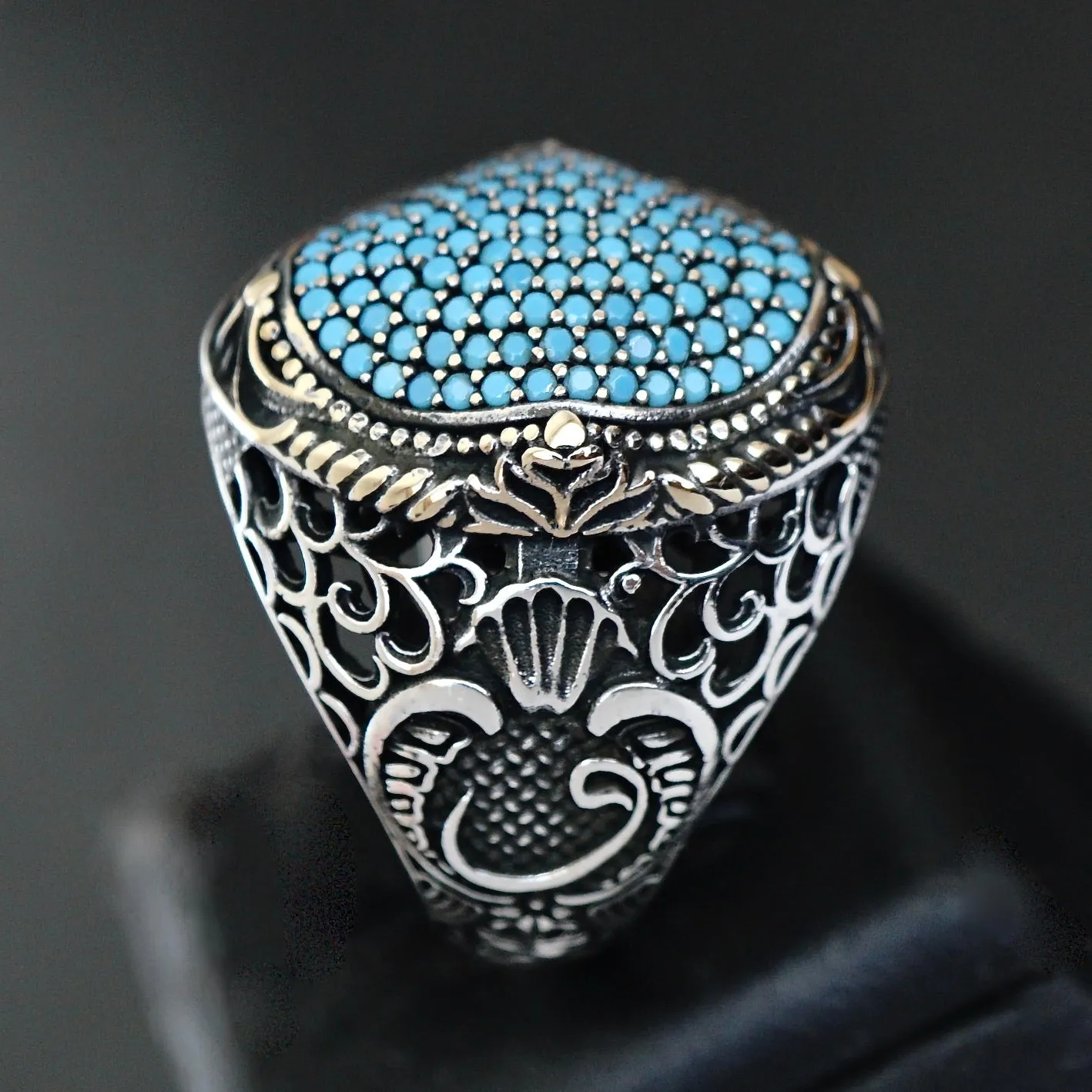 925 Sterling Silver Men's Ring micro setting Turquoise pave signet Turkish Jewelry