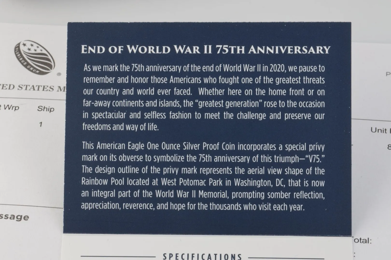 999 Silver V75 End of World War II 75th Anniversary American Eagle Coin (31.1g.)