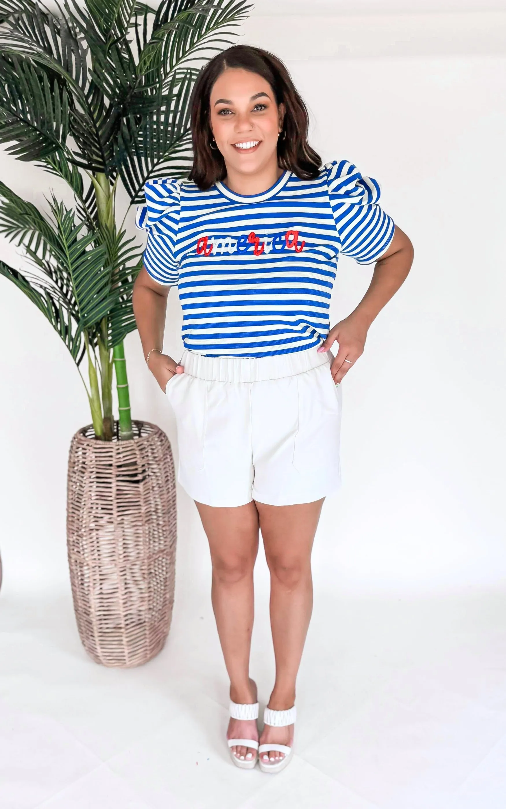 'America' Striped Puff Sleeve Tee - Final Sale