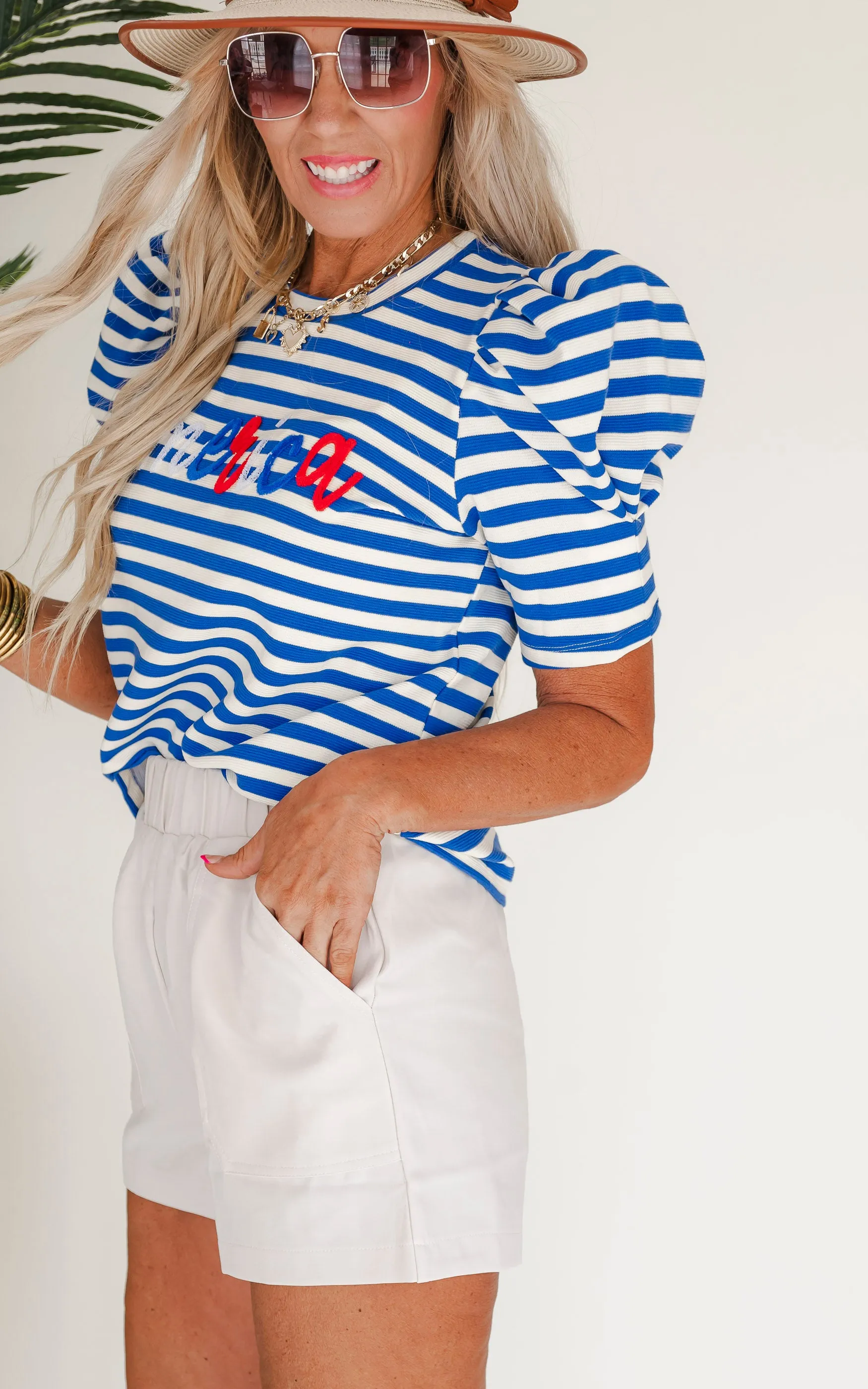 'America' Striped Puff Sleeve Tee - Final Sale