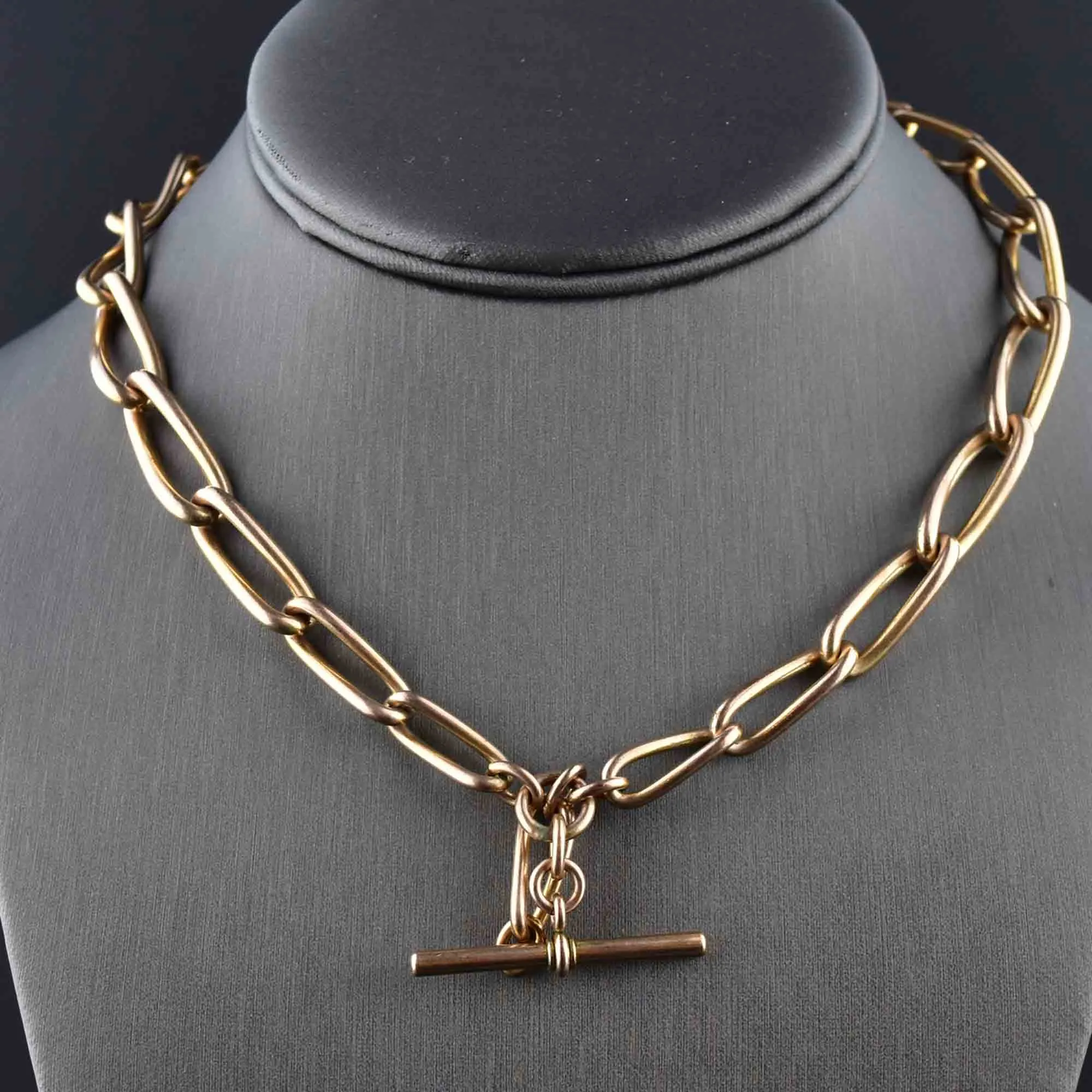 Antique 9K Gold Trombone Link Watch Chain Necklace