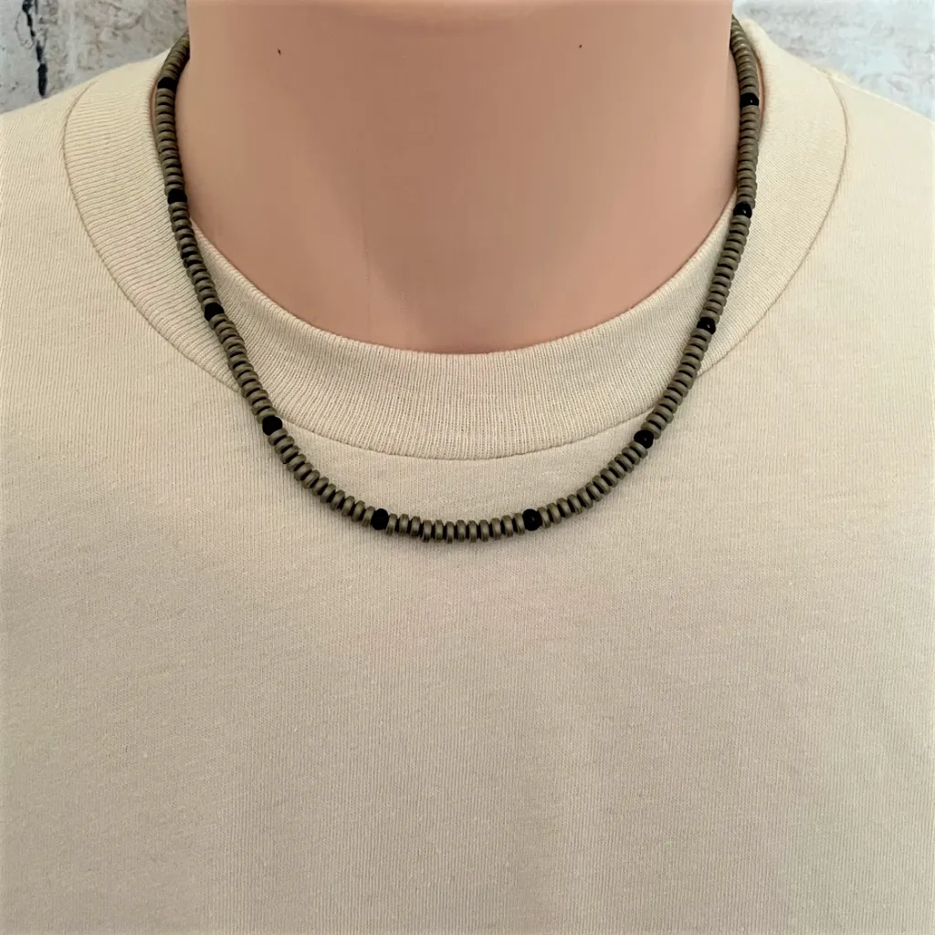 Antique Bronze Matte Hematite Rondelle and Black Toho Beaded Mens Necklace