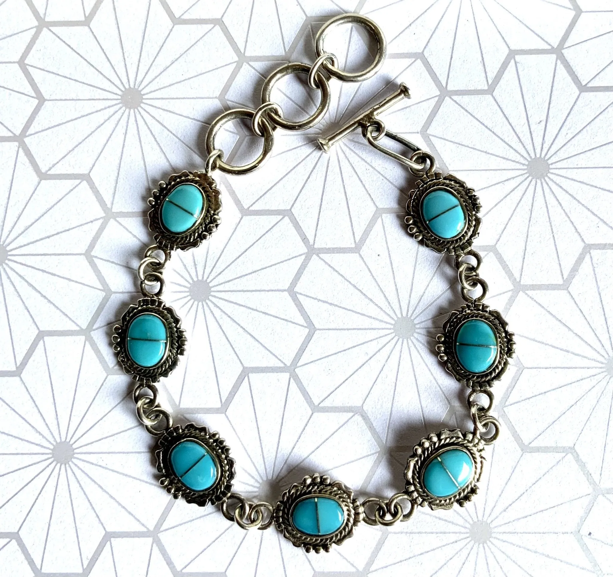 Antiqued Kingman Turquoise Inlay Bracelet and Earring SET