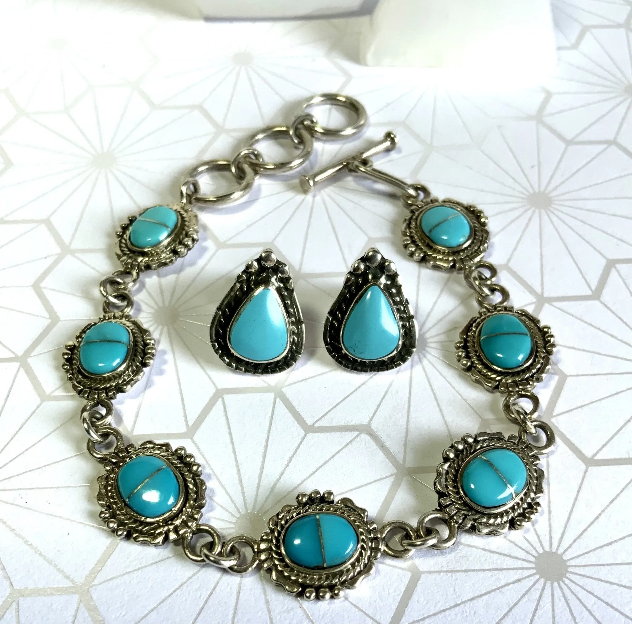 Antiqued Kingman Turquoise Inlay Bracelet and Earring SET