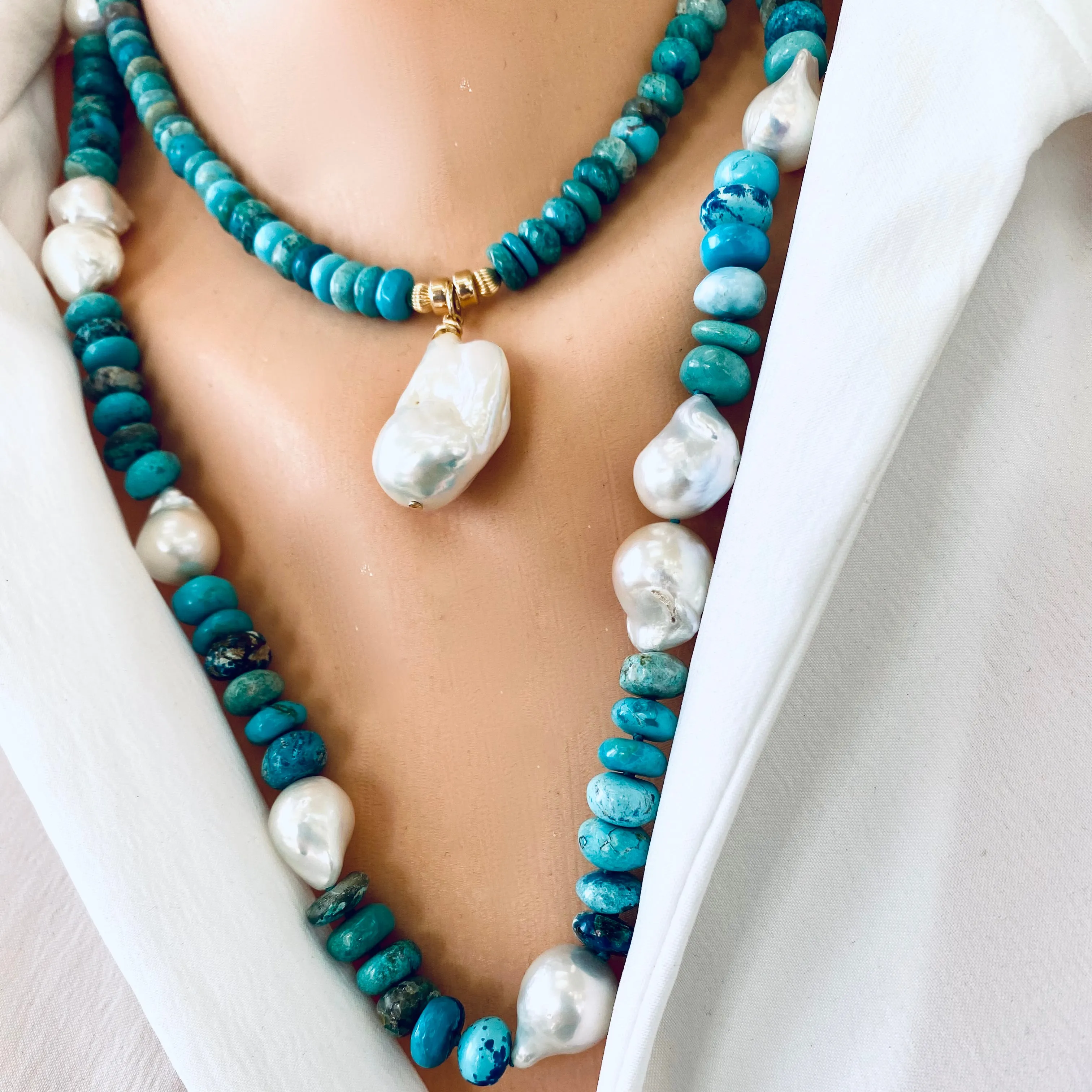 Arizona Turquoise & Freshwater Baroque Pearl Short Necklace, 16in, Gold Filled Details, December Birthstone