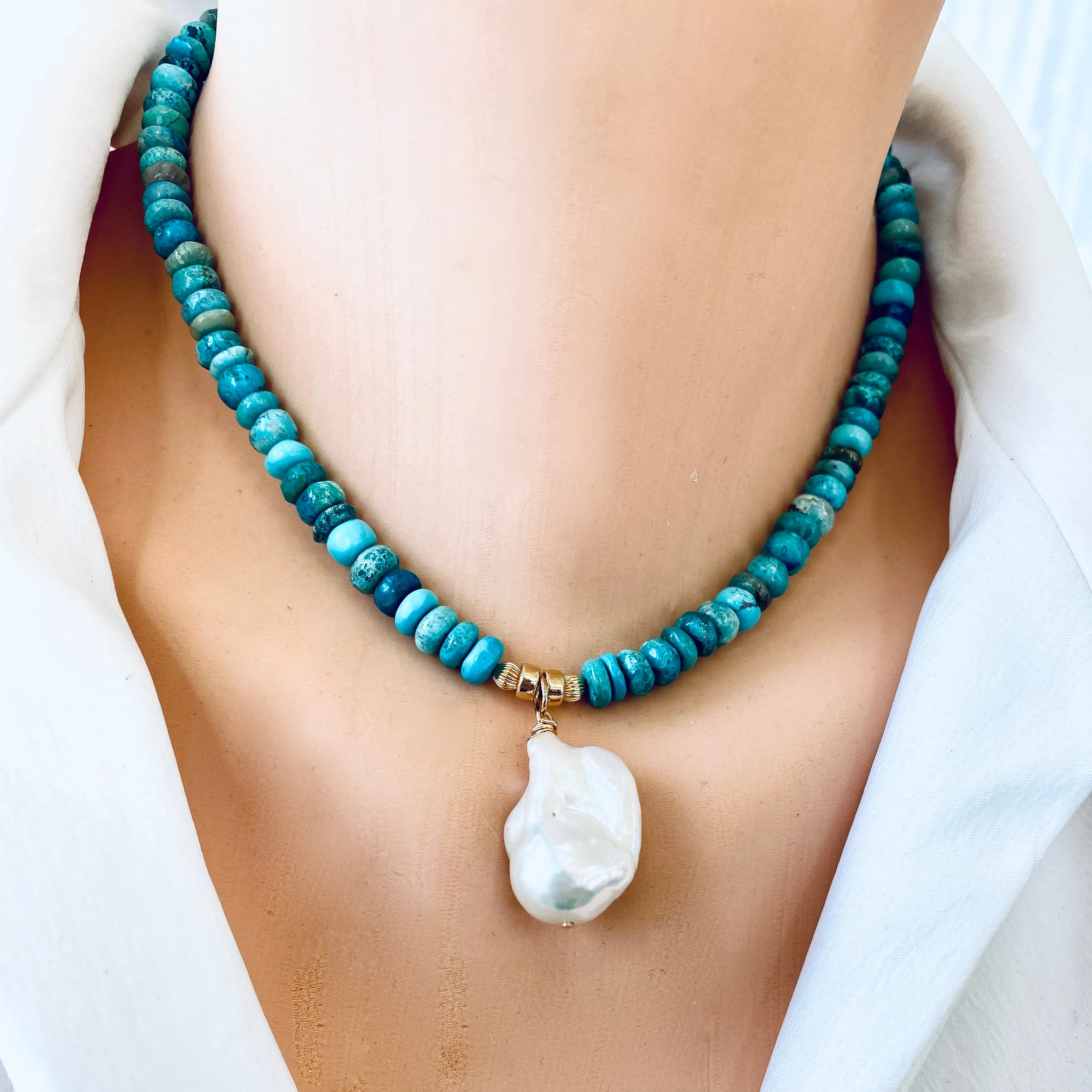 Arizona Turquoise & Freshwater Baroque Pearl Short Necklace, 16in, Gold Filled Details, December Birthstone