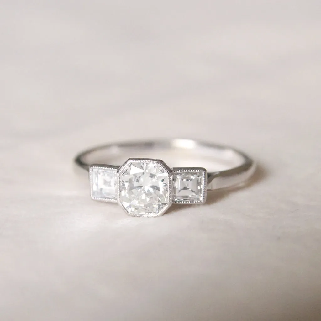 Art Deco Style 1.25 Carat Radiant and Carré Cut Diamond Three Stone