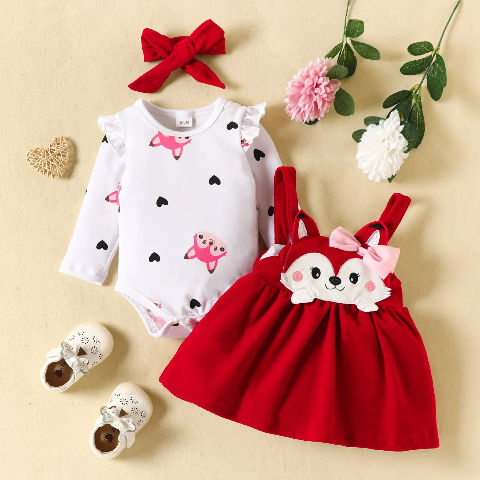 Baby Girls Solid Color Love Animal Jumpsuit Fox Embroidery Straps Skirt Set