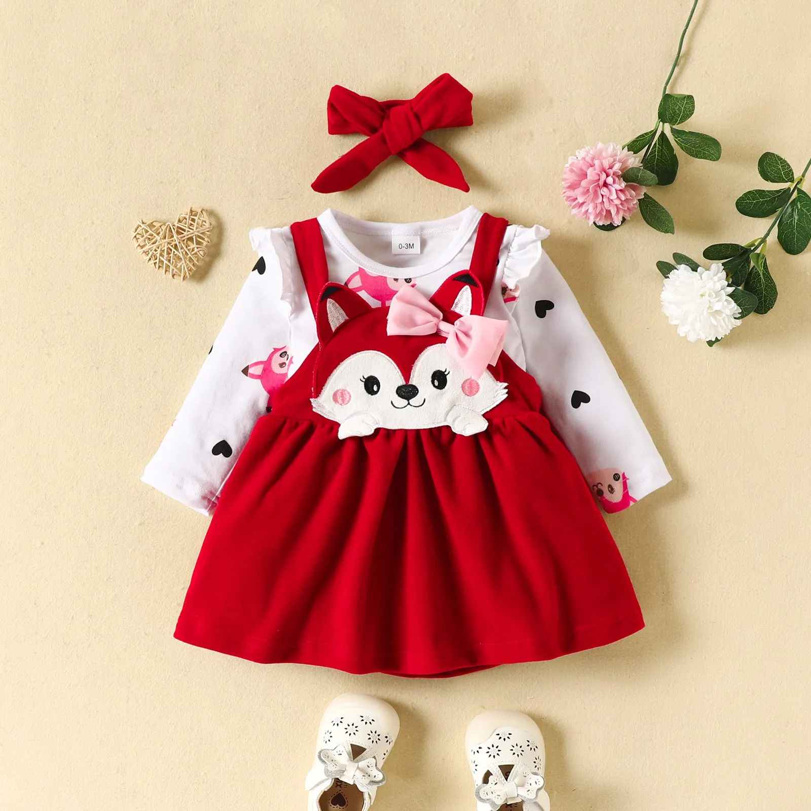 Baby Girls Solid Color Love Animal Jumpsuit Fox Embroidery Straps Skirt Set