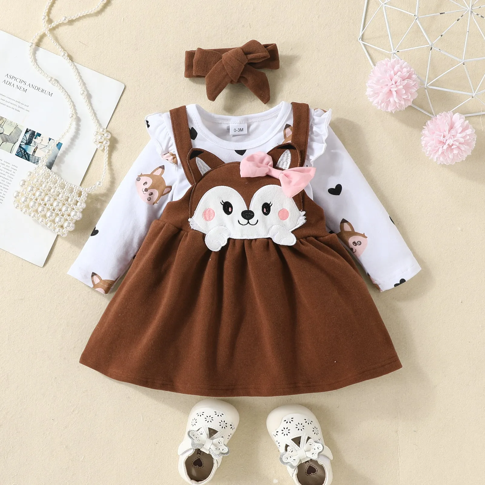 Baby Girls Solid Color Love Animal Jumpsuit Fox Embroidery Straps Skirt Set