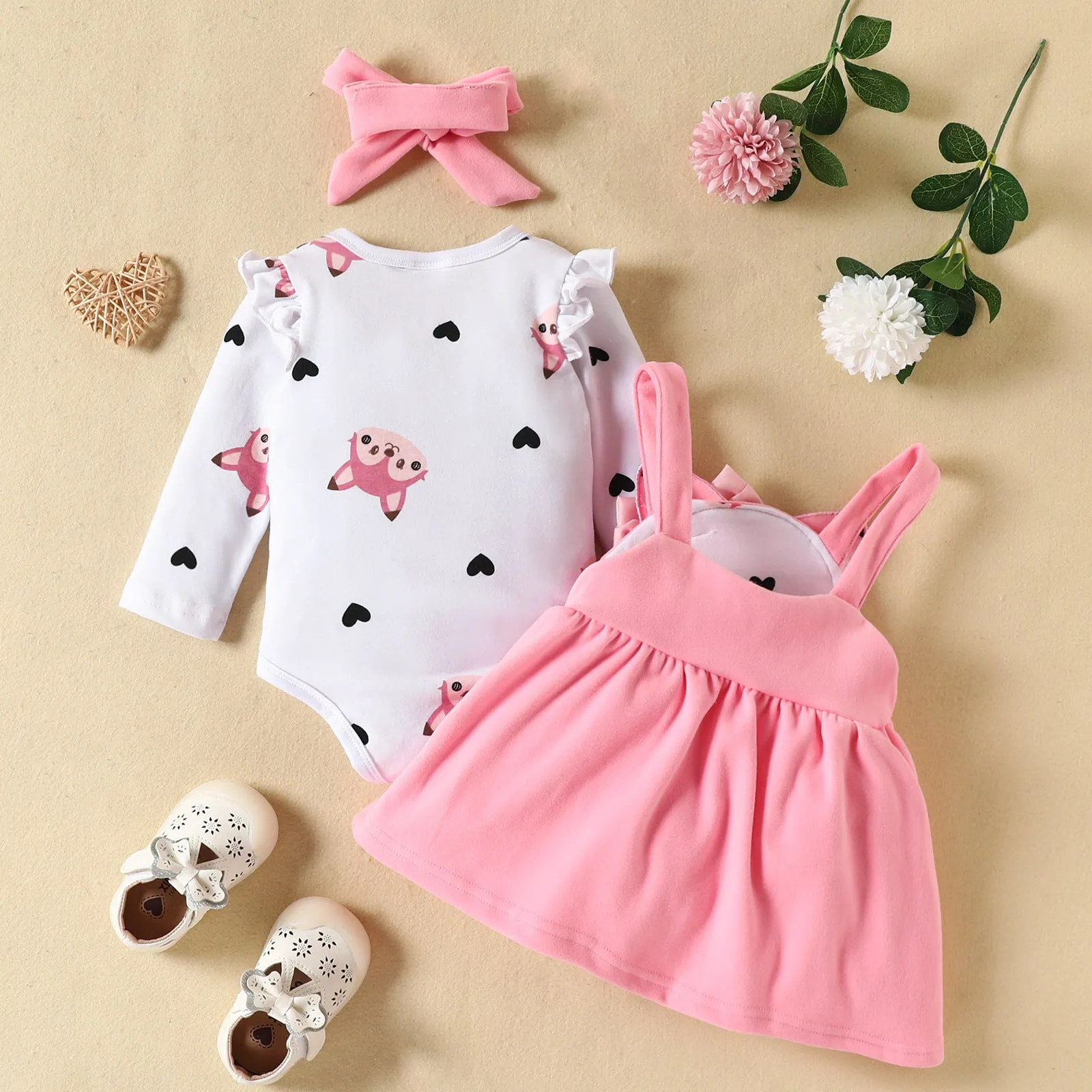 Baby Girls Solid Color Love Animal Jumpsuit Fox Embroidery Straps Skirt Set