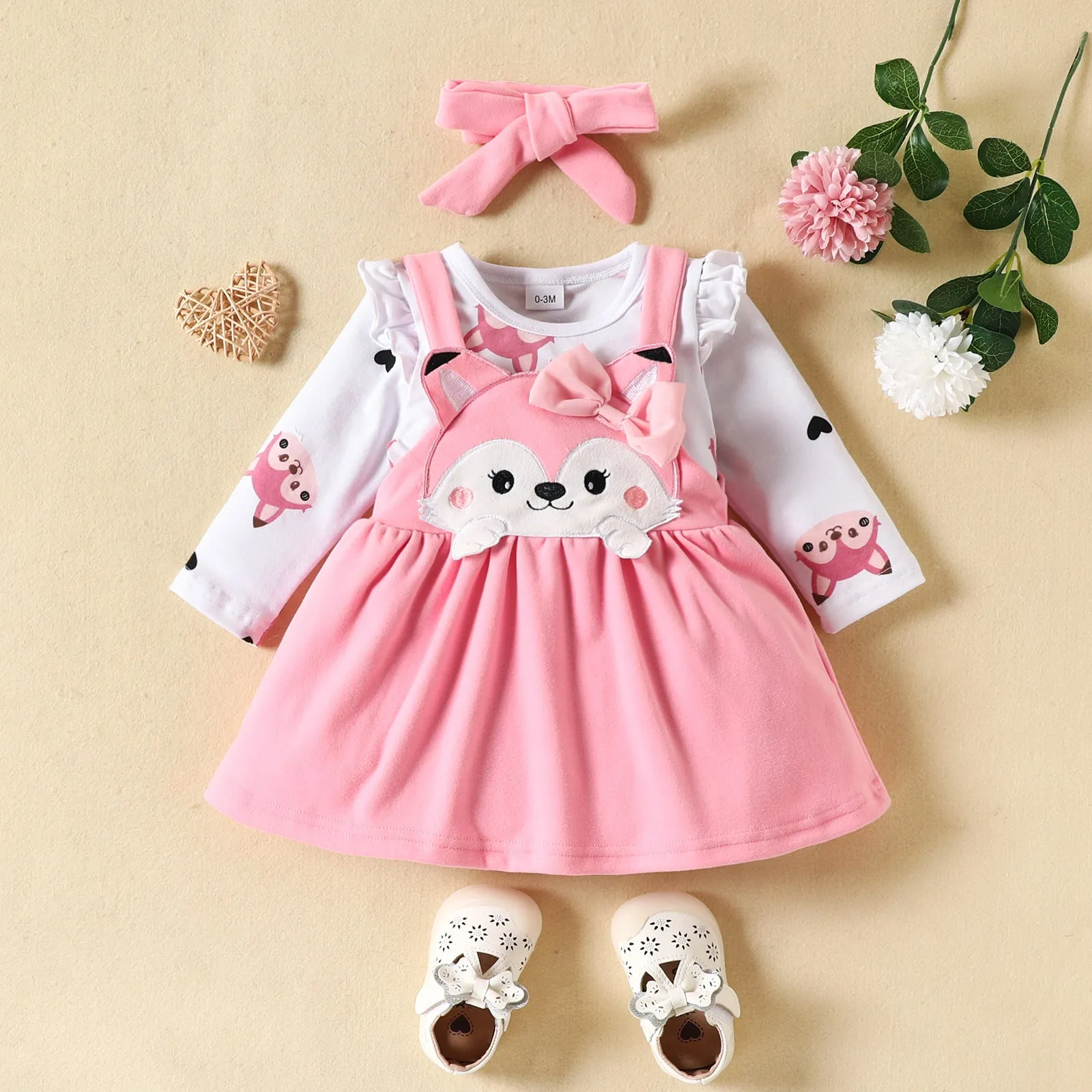 Baby Girls Solid Color Love Animal Jumpsuit Fox Embroidery Straps Skirt Set