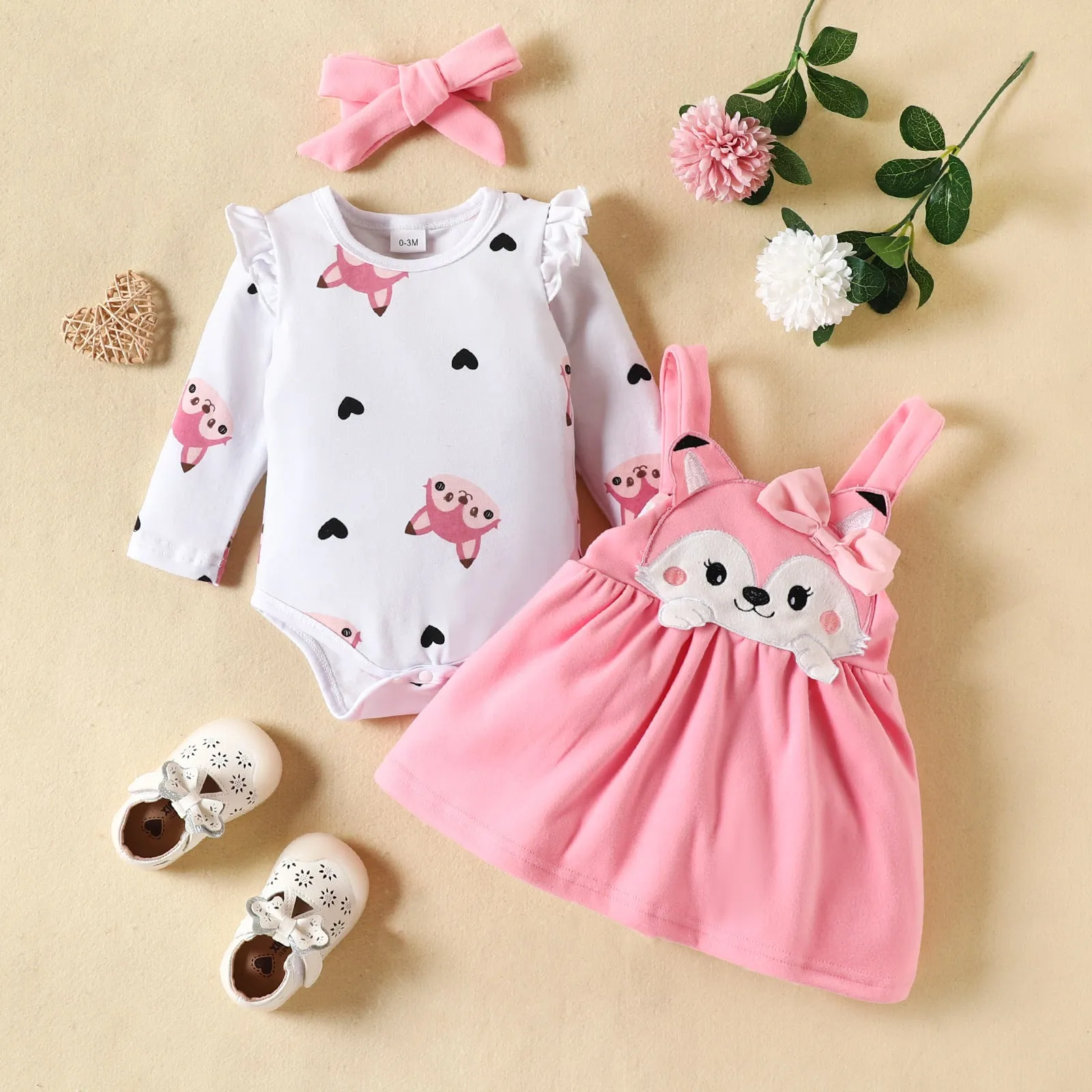 Baby Girls Solid Color Love Animal Jumpsuit Fox Embroidery Straps Skirt Set