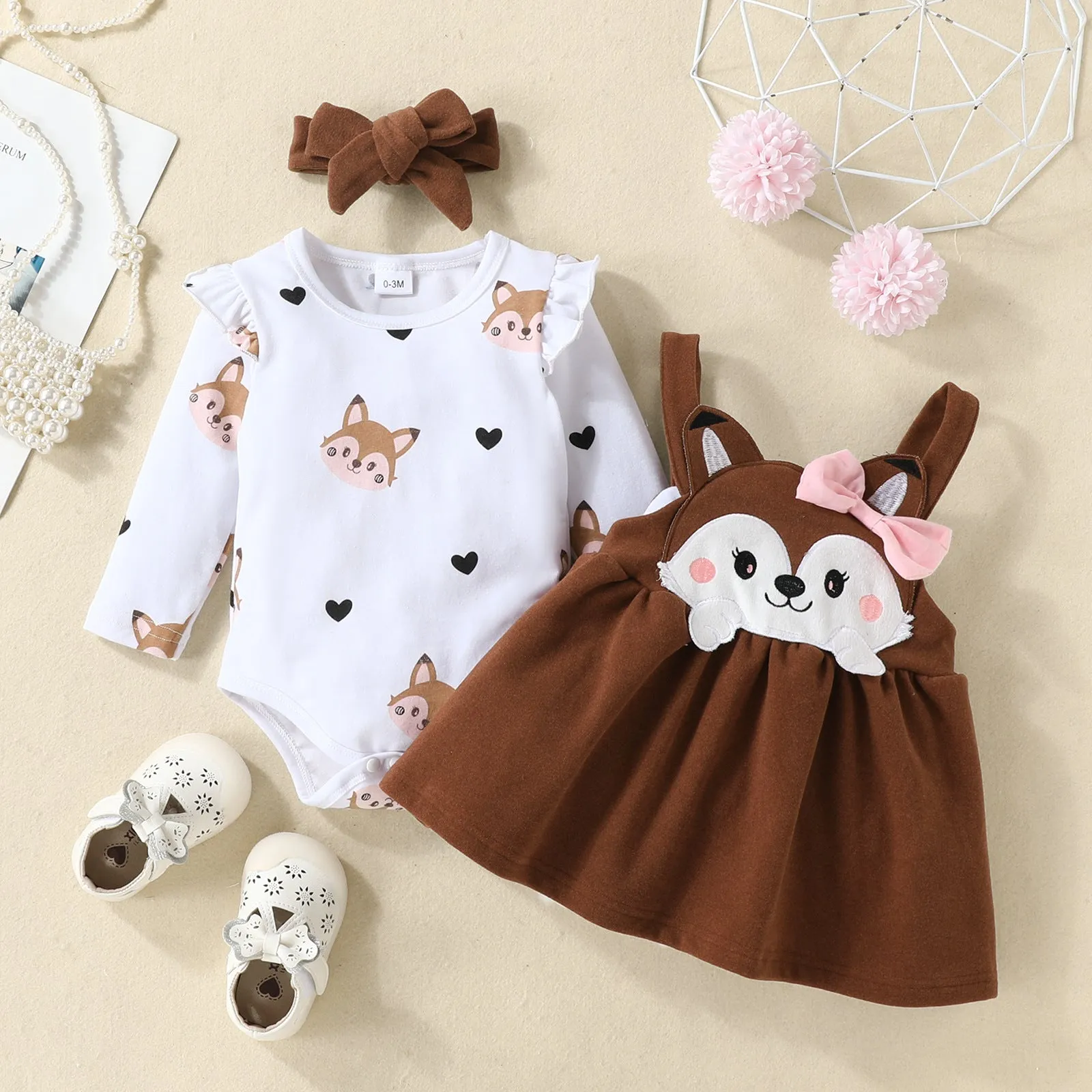 Baby Girls Solid Color Love Animal Jumpsuit Fox Embroidery Straps Skirt Set