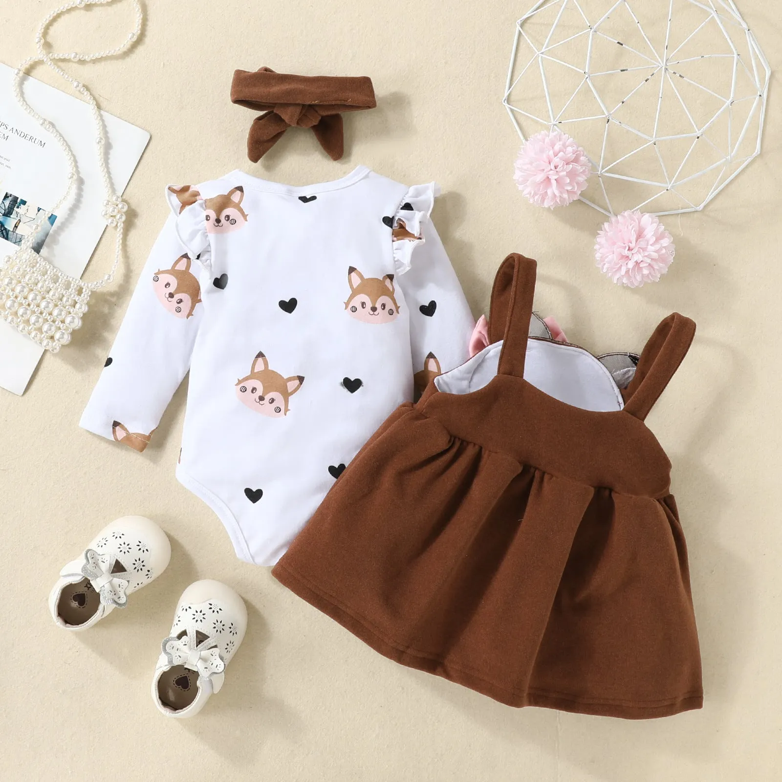 Baby Girls Solid Color Love Animal Jumpsuit Fox Embroidery Straps Skirt Set